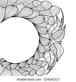 Hand-drawn floral pattern in the form of a semicircular frame.Decoration for cards, wedding invitations, tickets, congratulations, branding, label, poster, banner. Template for coloring books.