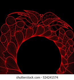 Hand-drawn floral pattern in the form of a semicircular frame.Decoration for cards, wedding invitations, tickets, congratulations, branding, label, poster, banner. Template for coloring books.