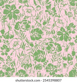 Hand-Drawn Floral Pattern on Pink Background. abstract floral pattern, graphic