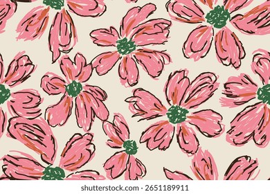 Hand-drawn floral pattern with pink petals and green centers, sketch style seamless flower design for fabric, wallpaper, and decoration, floral texture illustration with artistic strokes.