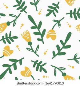 Hand-drawn floral pattern. Seamless background with simple flowers and herbs for wallpaper, scrapbooking paper design