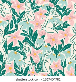 Hand-drawn floral pattern with sketches of women in different poses doing sports. Femininity, health and beauty concept