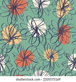 Patrón sin costuras floral dibujado a mano. Resumen garabato sin fisuras de patrón sobre fondo verde. Impresión vectorial simple y elegante. 
