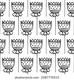 Hand-Drawn Floral Seamless Pattern – Elegant Black and White Botanical Design with Abstract Flowers, Ideal for Textile, Wallpaper, Stationery, Packaging, Backgrounds, and Creative Projects