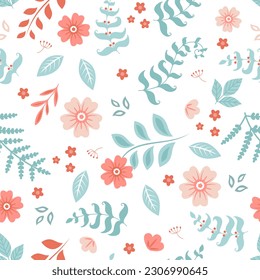 Hand-drawn floral seamless pattern with flowers, branches, berries and leaves. 