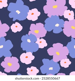 Hand-Drawn Floral Seamless Pattern in Pastel Tones on Deep Blue Background. Vector illustration