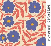 Hand-Drawn Floral Seamless Pattern, Vintage Flower Vector Design, Leaves with  Colored Blossoms Print, Perfect for Use In Fabric Prints, Wallpapers, Stationery, Gift Wraps, And Digital Art. 