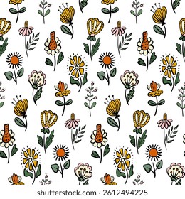 Hand-drawn floral seamless pattern with whimsical colorful flowers and green leaves in a playful doodle style, ideal for spring textiles, wallpapers, wrapping paper, and kids fabric designs