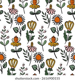 Hand-drawn floral seamless pattern with whimsical colorful flowers and green leaves in a playful doodle style, ideal for spring textiles, wallpapers, wrapping paper, and kids fabric designs