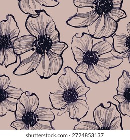 Hand-drawn floral sketch pattern, muted beige seamless