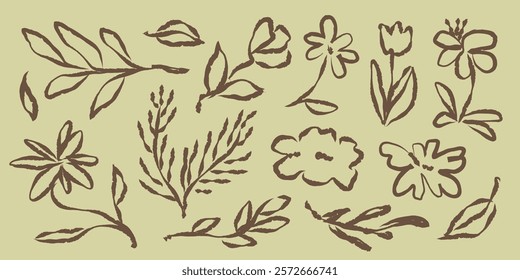 Hand-drawn floral sketches featuring leaves and flowers. Simple floral designs with leaves and flowers. Artistic floral and leaf sketches in brown. Hand drawn botanical illustrations vector set.