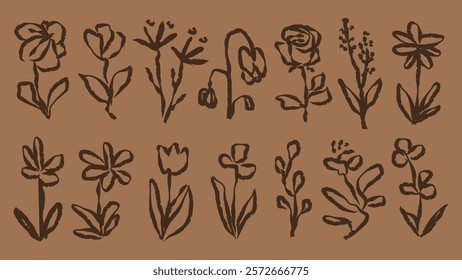 Hand-drawn floral sketches on a brown background. Simple flower, flower sketches, floral art. Artistic floral designs, flower art, floral sketches. Hand drawn botanical vector set.