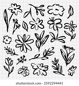 Hand-drawn floral sketches on grid paper. Black ink flowers and leaves. Artistic flower doodles, simple floral designs, and botanical sketches. Hand drawn botanical illustrations vector set.