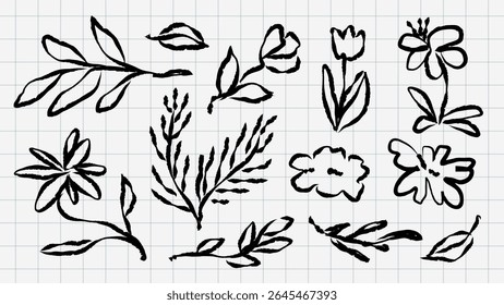 Hand-drawn floral sketches on grid paper. Black ink flowers, leaves, and stems. Simple, artistic floral designs. Sketches include flowers and leaves. Hand drawn botanical illustrations vector set.