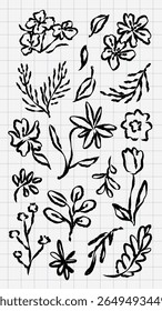 Hand-drawn floral sketches on grid paper. Flowers, leaves, and botanical elements. Black ink floral designs. Artistic floral sketches on paper. Hand drawn botanical illustrations vector set.