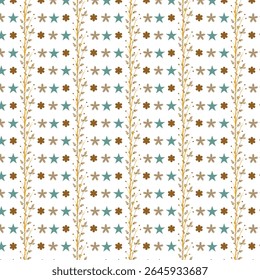 Hand-Drawn Floral and Star Seamless Pattern with Vertical Vine Stripes – Boho Nature Background