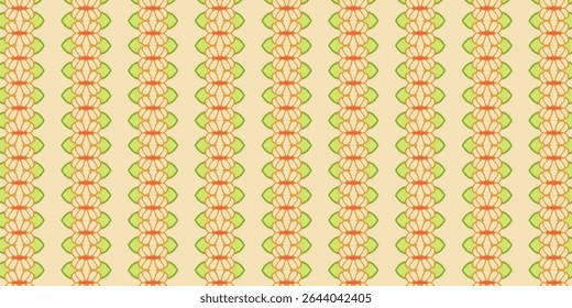 Hand-drawn floral stripe pattern in orange and green, ideal for textiles, wrapping paper, or wallpaper. Features soft symmetry and organic, floral, seamless, stripe, vintage vibes.