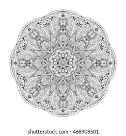 Hand-drawn floral and tribal circular ornament. Pattern in black and white. Adult coloring book page design. Vector illustration. Zendoodle. Vector mandala.