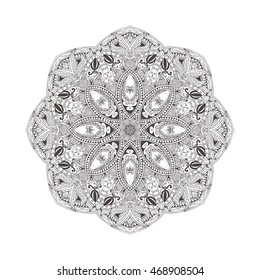 Hand-drawn floral and tribal circular ornament. Pattern in black and white. Adult coloring book page design. Vector illustration. Zendoodle. Vector mandala.