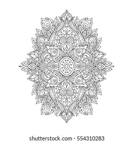 Hand-drawn floral and tribal circular ornament. Pattern in black and white. Adult coloring book page design. Vector illustration. Zendoodle. Vector mandala.