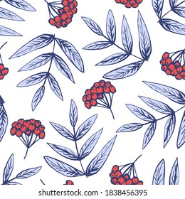 Hand-drawn floral vector seamless pattern. Blue leaves, red rowan berries on a white background. For winter seasonal design. Wrapping paper, textile products.