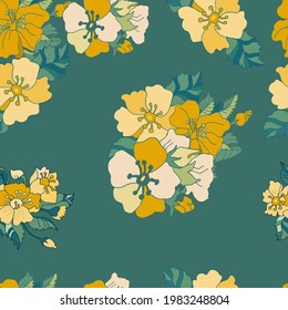 Hand-drawn floral vector seamless pattern in trending colors. Golden, blue-green leaves twigs on a light pink background. For prints of fabric, packaging, textile products.