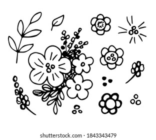 Vector floral dibujado a mano en contorno negro. Flores, ramos, ramas, hojas. Elementos para crear un patrón, tarjetas de decoración, invitaciones, etiquetas.