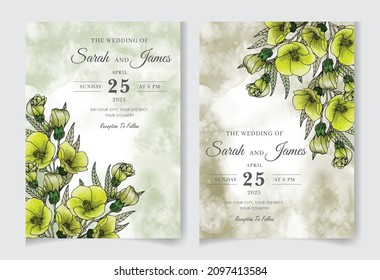 Hand-drawn floral wedding invitation card template set. Editable vector template background design. flowers, leaves,  isolated on white, Sketched wreath, greenery color, nature art, Watercolour style.
