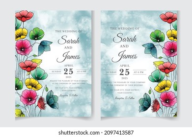 Hand-drawn floral wedding invitation card template set. Editable vector template background design. flowers, leaves,  isolated on white, Sketched wreath, greenery color, nature art, Watercolour style.