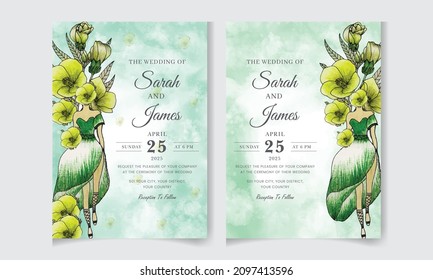 Hand-drawn floral wedding invitation card template set. Editable vector template background design. flowers, leaves,  isolated on white, Sketched wreath, greenery color, nature art, Watercolour style.