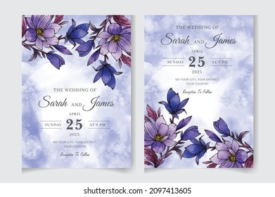 Hand-drawn floral wedding invitation card template set. Editable vector template background design. flowers, leaves,  isolated on white, Sketched wreath, greenery color, nature art, Watercolour style.