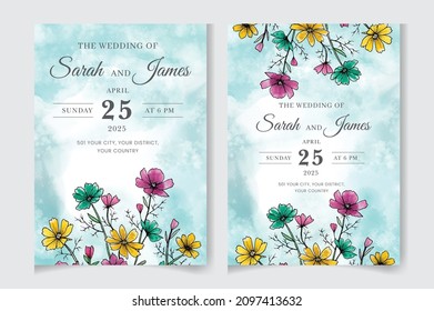 Hand-drawn floral wedding invitation card template set. Editable vector template background design. flowers, leaves,  isolated on white, Sketched wreath, greenery color, nature art, Watercolour style.