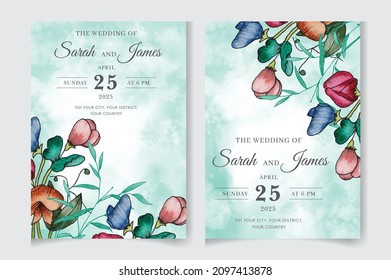 Hand-drawn floral wedding invitation card template set. Editable vector template background design. flowers, leaves,  isolated on white, Sketched wreath, greenery color, nature art, Watercolour style.