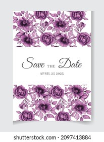 Hand-drawn floral wedding invitation card template set. Editable vector template background design. flowers, leaves,  isolated on white, Sketched wreath, greenery color, nature art, Watercolour style.