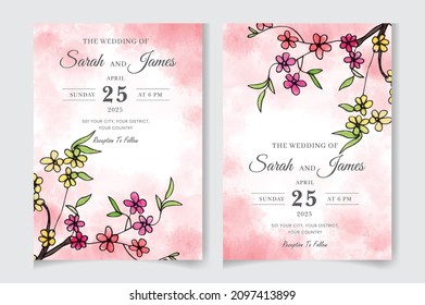 Hand-drawn floral wedding invitation card template set. Editable vector template background design. flowers, leaves,  isolated on white, Sketched wreath, greenery color, nature art, Watercolour style.