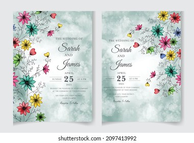 Hand-drawn floral wedding invitation card template set. Editable vector template background design. flowers, leaves,  isolated on white, Sketched wreath, greenery color, nature art, Watercolour style.