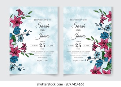 Hand-drawn floral wedding invitation card template set. Editable vector template background design. flowers, leaves,  isolated on white, Sketched wreath, greenery color, nature art, Watercolour style.