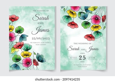 Hand-drawn floral wedding invitation card template set. Editable vector template background design. flowers, leaves,  isolated on white, Sketched wreath, greenery color, nature art, Watercolour style.