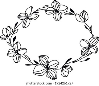 Hand-drawn floral wreath. Line art illustration for branding, logo, wedding invitations, wall art. Vector black contour isolated on white. Vector frame from leaves. Decorative element for design