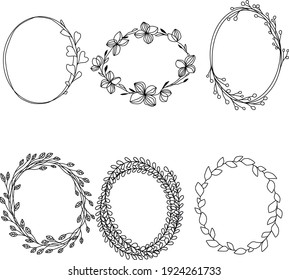Hand-drawn floral wreath. Line art illustration for branding, logo, wedding invitations, wall art. Vector black contour isolated on white. Vector frame from leaves. Decorative element for design