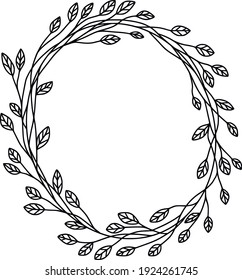 Hand-drawn floral wreath. Line art illustration for branding, logo, wedding invitations, wall art. Vector black contour isolated on white. Vector frame from leaves. Decorative element for design