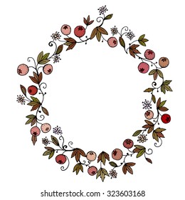 Hand-drawn floral wreath. Round frame made of leaves, berries and flowers. Color vector illustration 