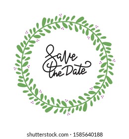 Handdrawn floral wreath . Unique decoration for greeting card, wedding invitation, save the date lettering quote. Summer berries with space for your text