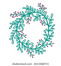 Hand-drawn floral wreath vector illustration with green leaves and red berries. Perfect for holiday designs, invitations, and seasonal decorations.