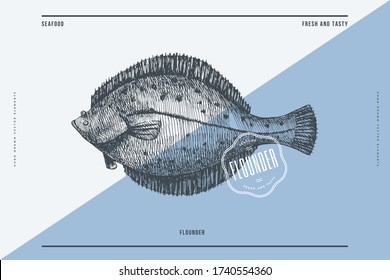 Hand-drawn flounder vector illustration. Sea fish in engraving style on a light background. Design element for fish restaurant, market, store, flyer, packaging, label, menu.