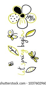 Hand-drawn flower with bee, dragonfly, butterfly. Lettering design for card, posters, t-shirts, advertisement.Floral design and doodle elements. Vector illustration 