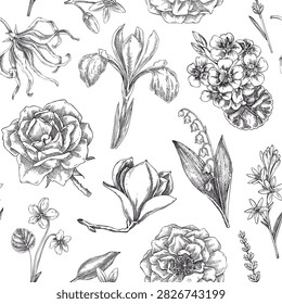 Hand-drawn flower botanical background. Floral seamless pattern. Aromatic and  beauty ingredient sketches. Not AI generated
