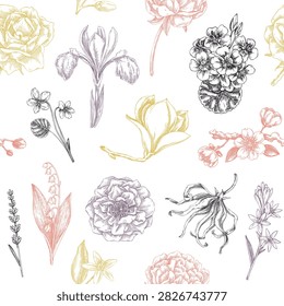 Hand-drawn flower botanical background. Floral seamless pattern. Aromatic and  beauty ingredient sketches. Not AI generated