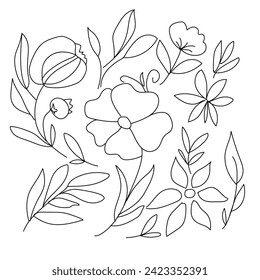 Hand-drawn flower botanical element decoration, black doodles branches, herbs, flowers, and plants set vector background white painting.eps 10
