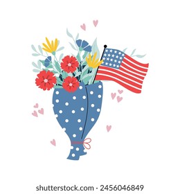 Handdrawn flower bouquet with American flag. Vector design on 4th of July with poppy flowers.